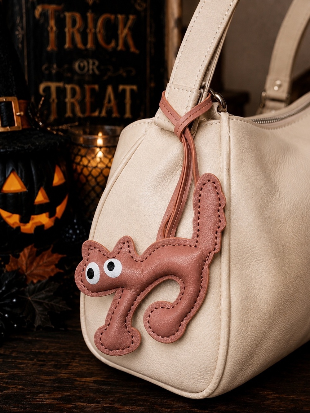 Tan-Rose Cat Faux Leather Wristlet Bag Charm Keychain